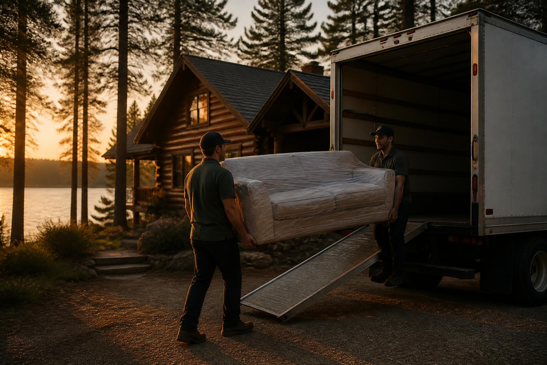 Movers loading a wrapped sofa into a box truck outside a Minnesota lake cabin at sunset