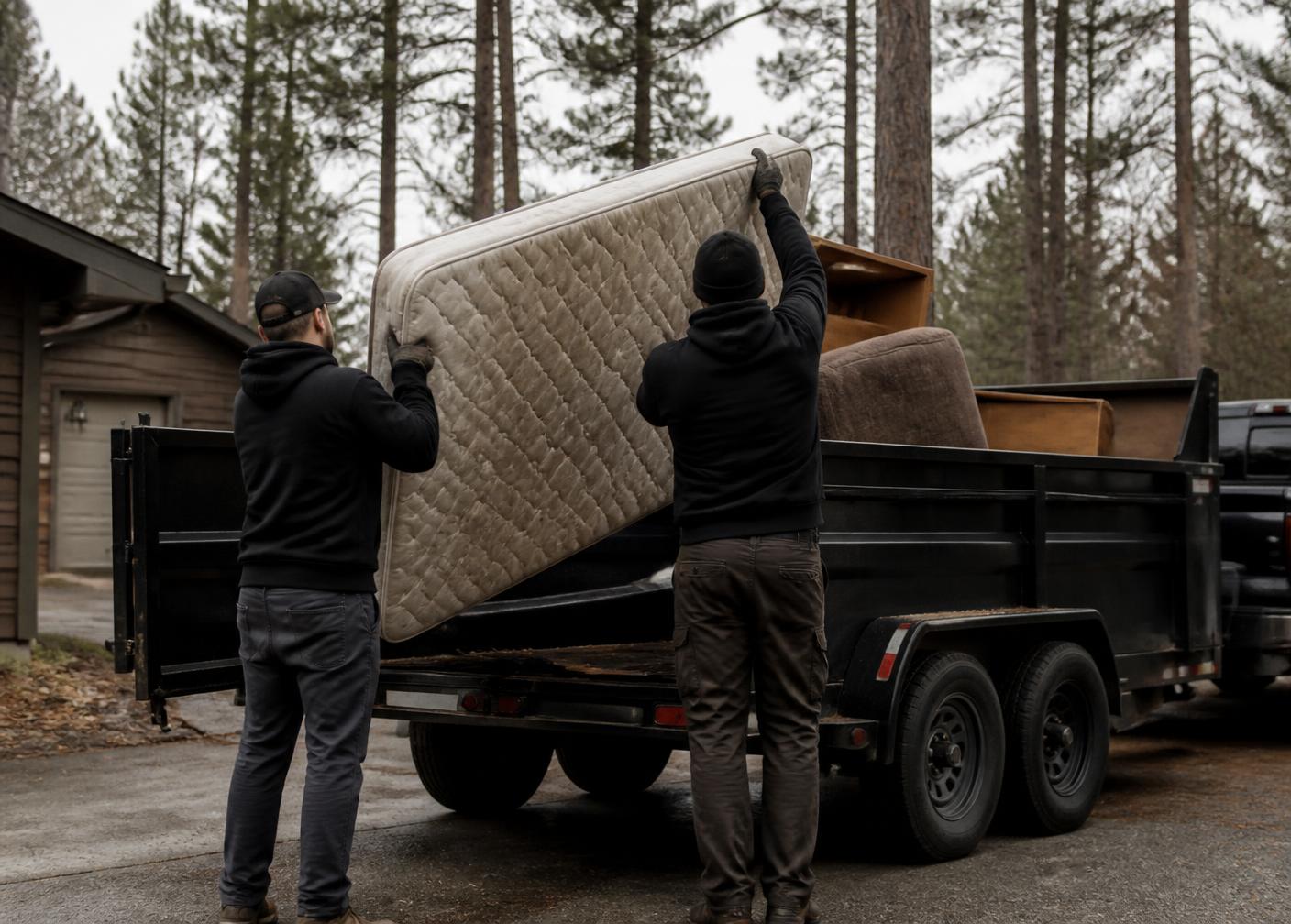 Crew loading an old mattress and furniture into a dump trailer in a driveway